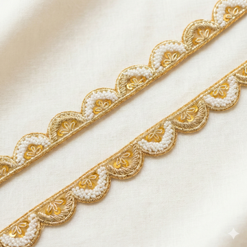 Scalloped Pearl Zardozi Lace Trim – Handcrafted Designer Border