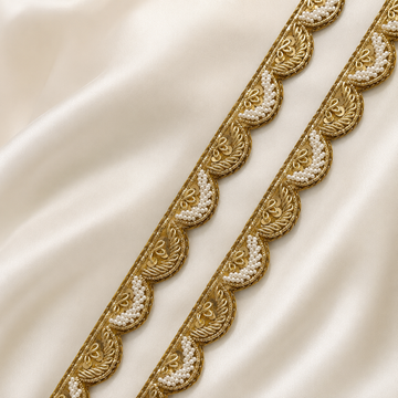 Handcrafted Pearl & Sequin Leaf Motif Lace Trim for Designer Wear