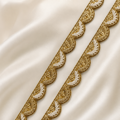 Handcrafted Pearl & Sequin Leaf Motif Lace Trim for Designer Wear