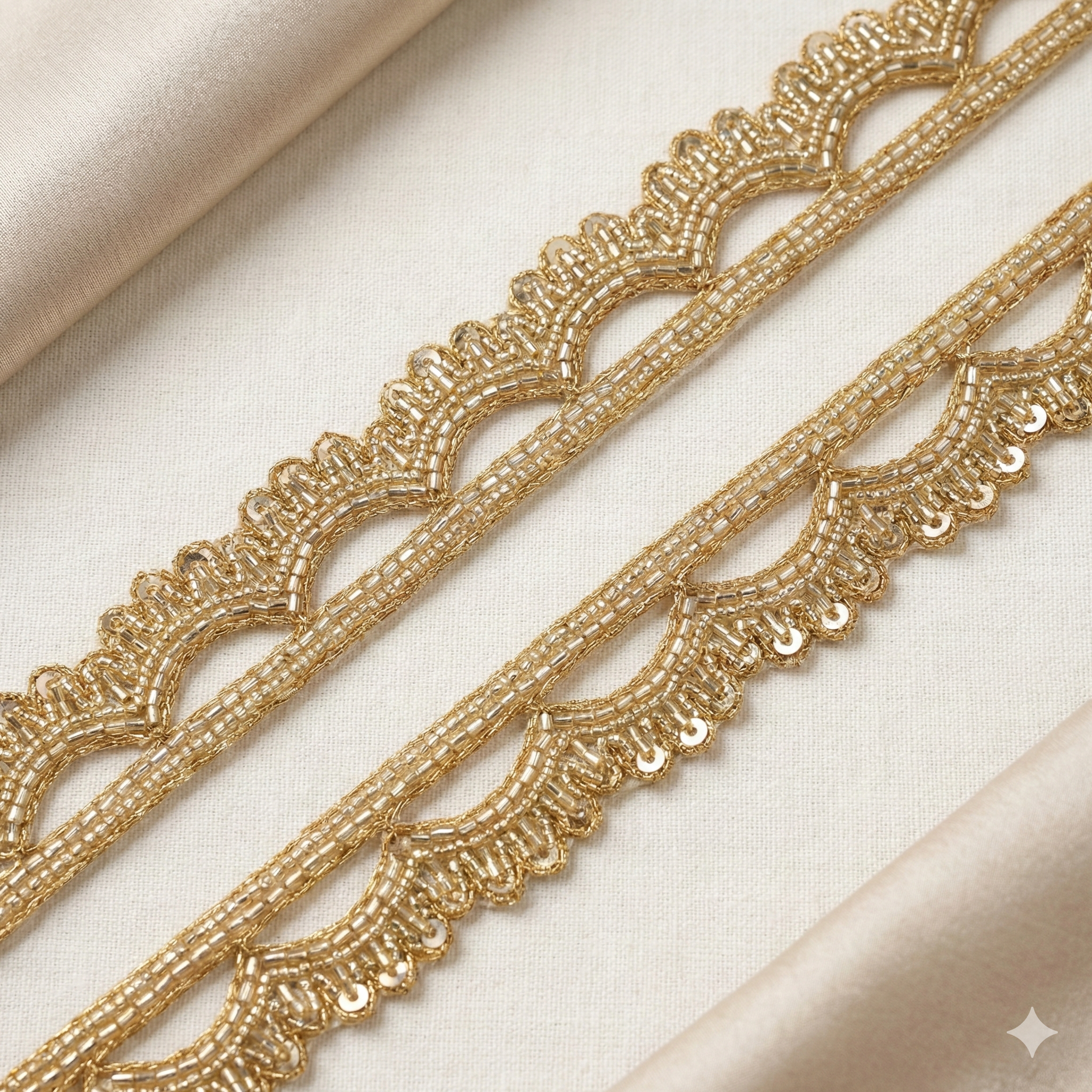 Gold Scalloped Beaded Lace Trim with Sequin Detailing – Handcrafted Border