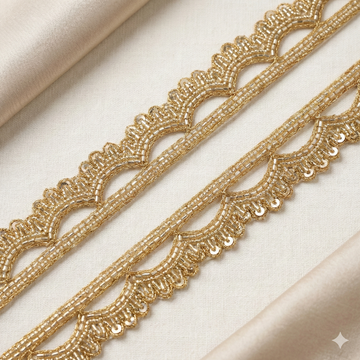Gold Scalloped Beaded Lace Trim with Sequin Detailing – Handcrafted Border