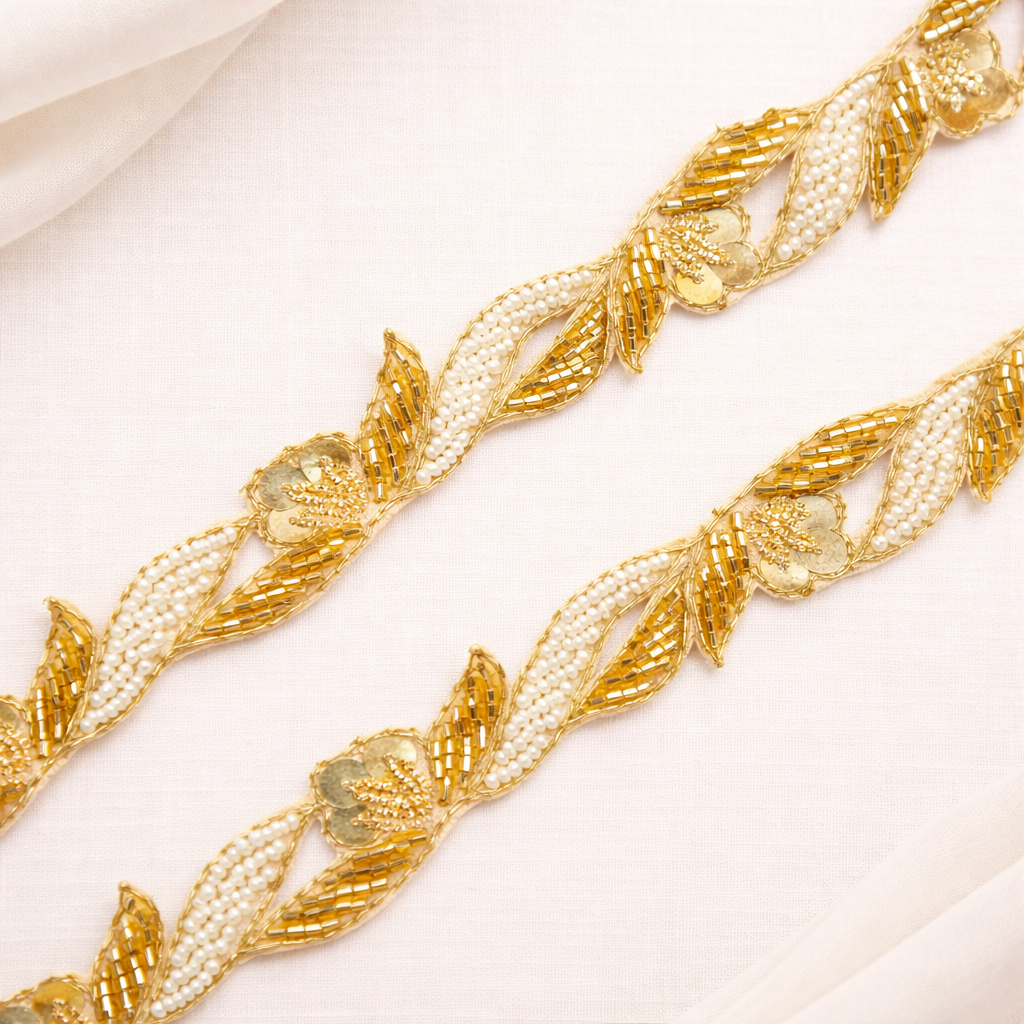 Gold Floral Pearl Lace Trim – Handcrafted Designer Border