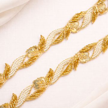 Gold Floral Pearl Lace Trim – Handcrafted Designer Border