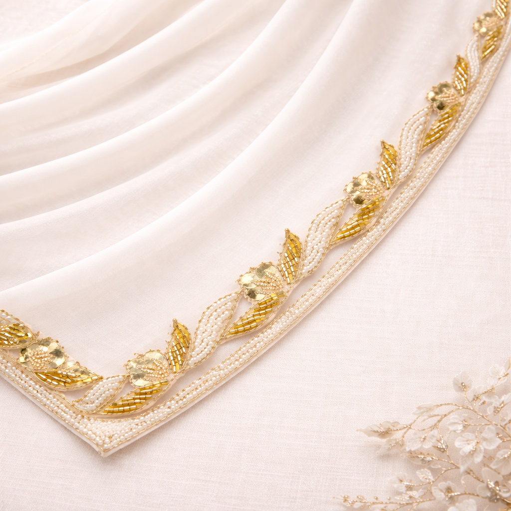 Gold Floral Pearl Lace Trim – Handcrafted Designer Border