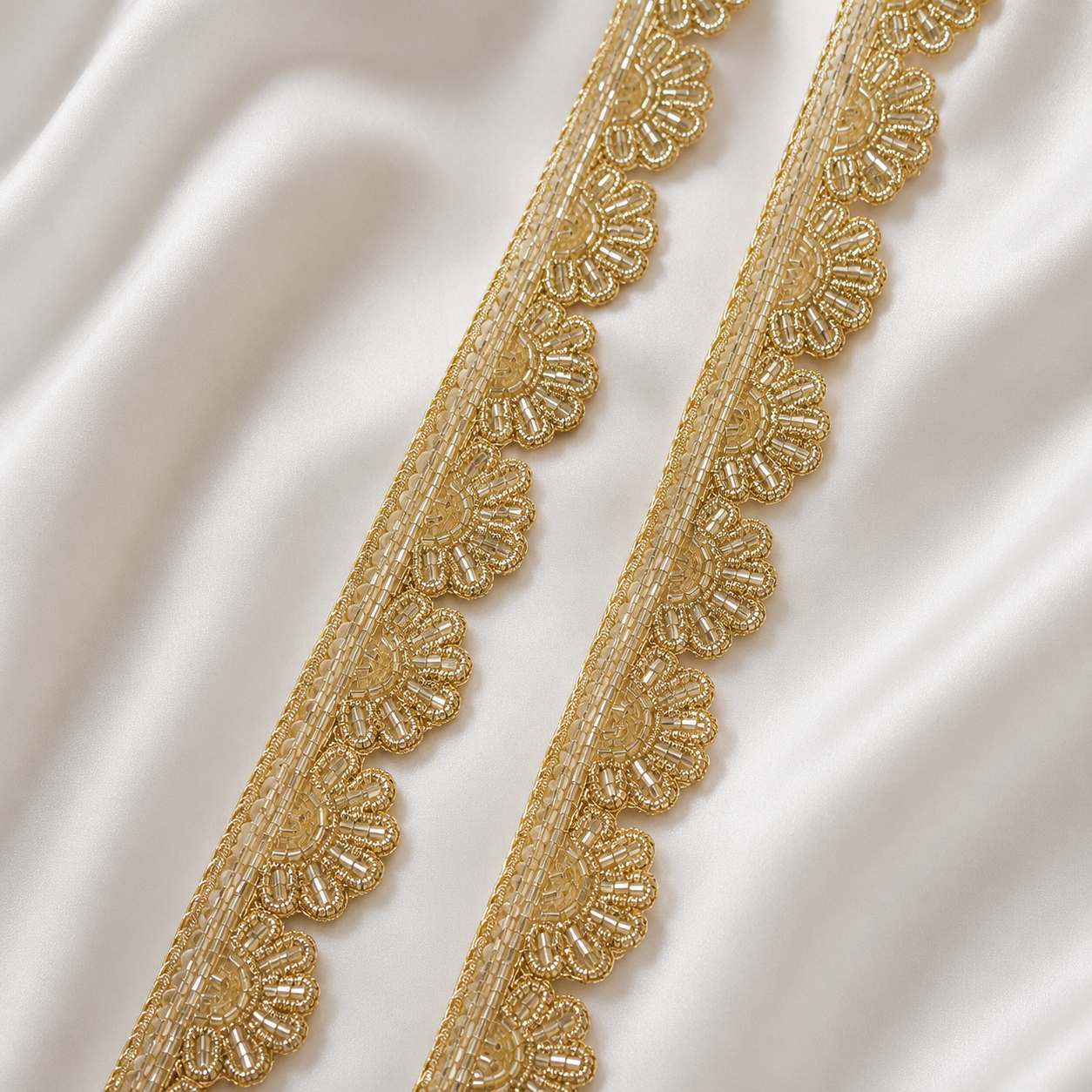 Handcrafted Floral Scallop Beaded Lace Trim for Designer Wear