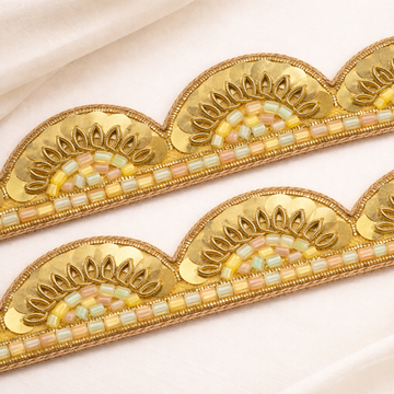 Pastel Multicolor Scalloped Sequin Lace Trim with Gold Detailing – Handcrafted Designer Border