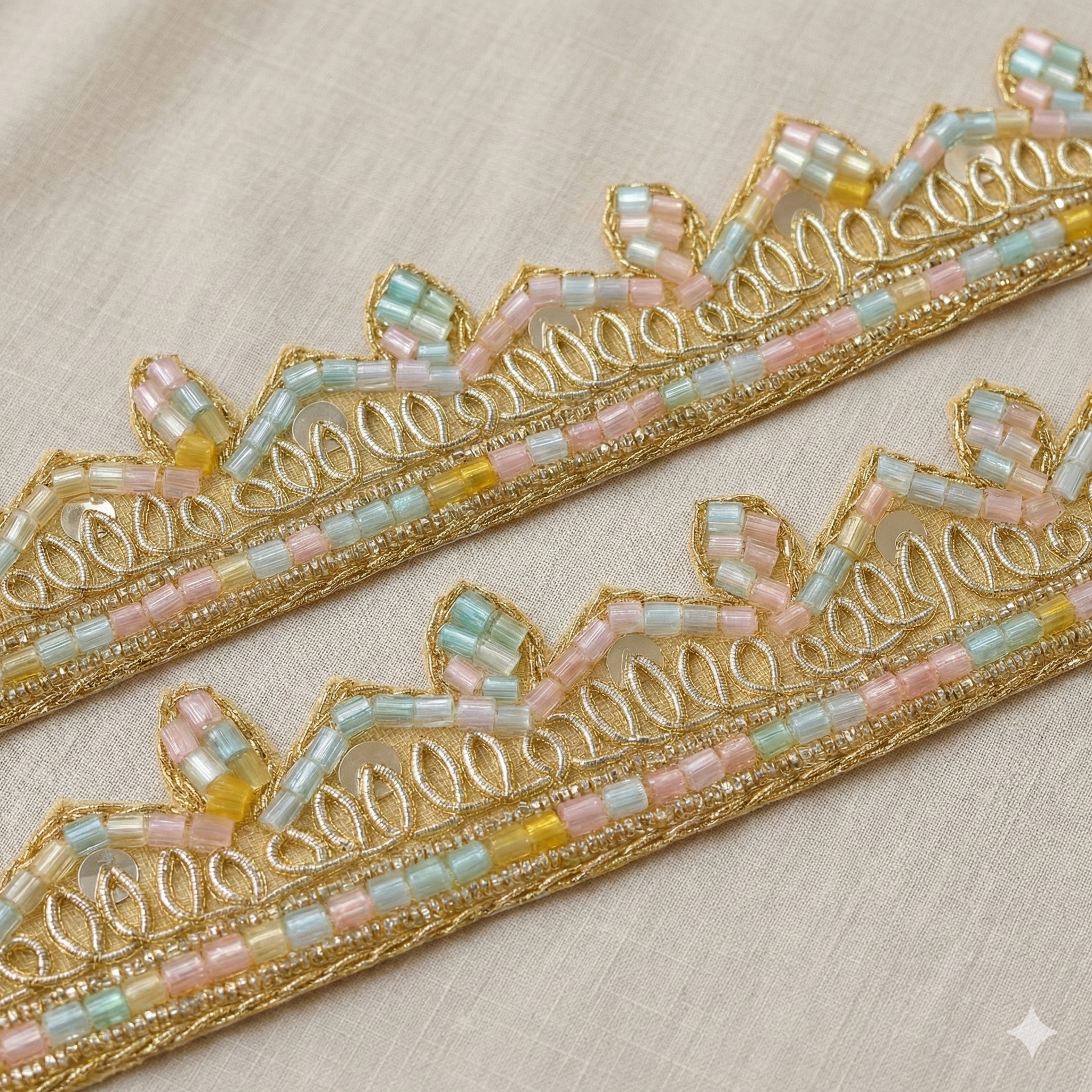 Pastel Beaded Floral Lace Trim with Sequin Detailing – Handcrafted Designer Border