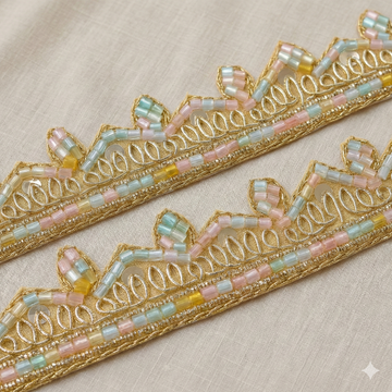 Pastel Beaded Floral Lace Trim with Sequin Detailing – Handcrafted Designer Border