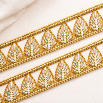 Pastel Beaded Leaf Lace Trim – Handcrafted Designer Border