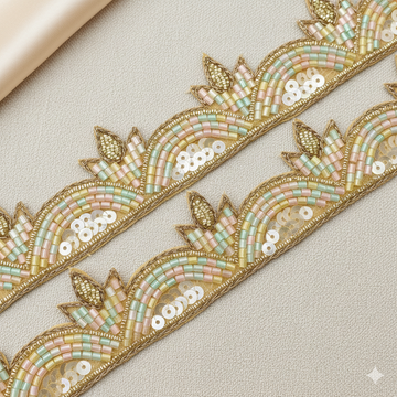 Pastel Rainbow Beaded Lace Trim with Sequin Detailing – Handcrafted Designer Border