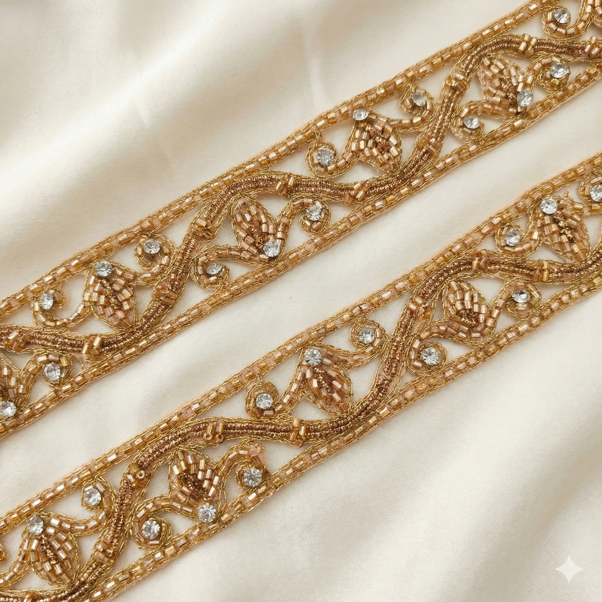 Gold Vine Embroidered Lace Trim with Stone Detailing – Handcrafted Designer Border