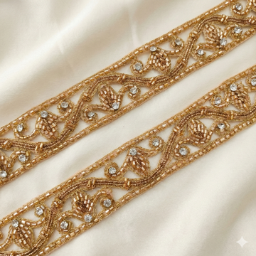 Gold Vine Embroidered Lace Trim with Stone Detailing – Handcrafted Designer Border