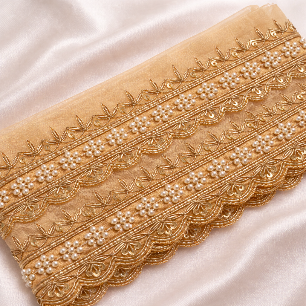Zardozi Handcrafted Pearl Embroidered Scalloped Lace