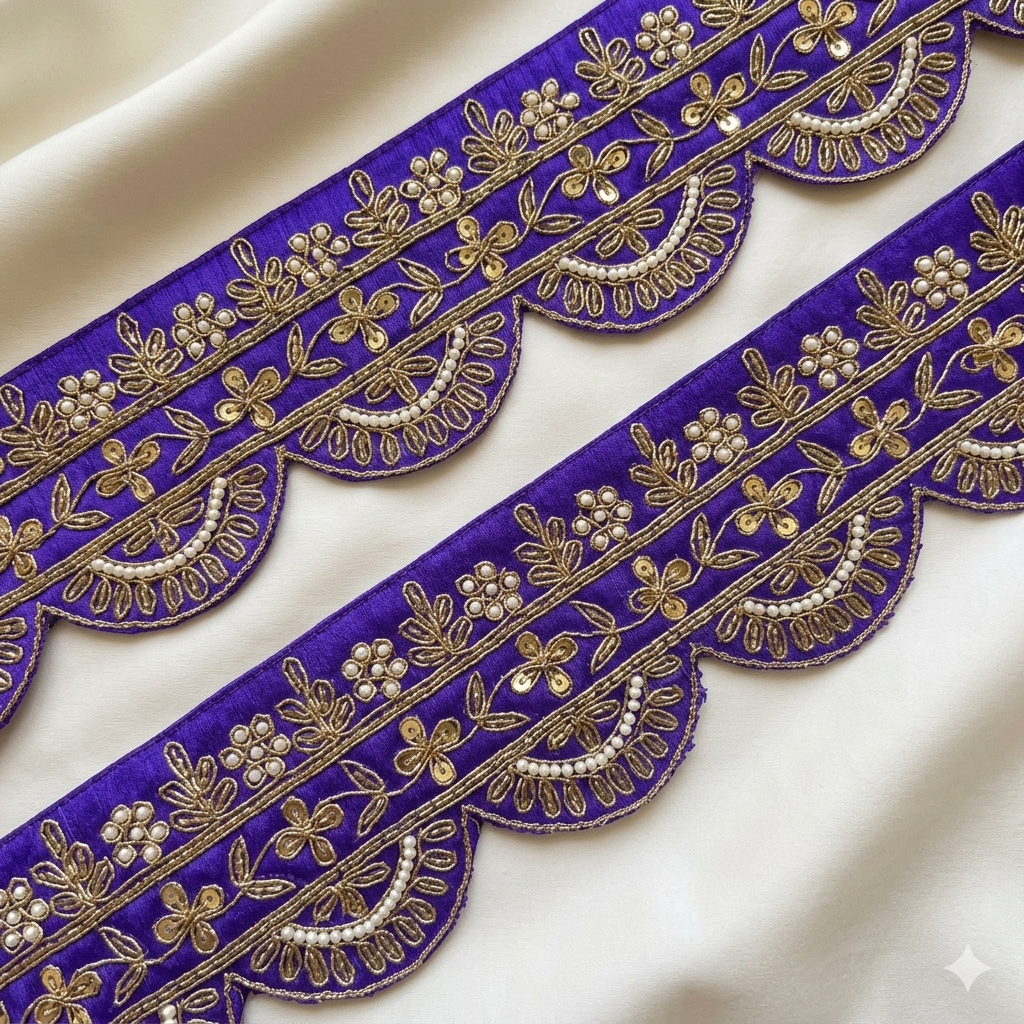 Handcrafted Zardozi Pearl Floral Scalloped Embroidered Lace