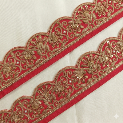 Hot Pink & Red Zardozi Floral Scalloped Embroidered Trim