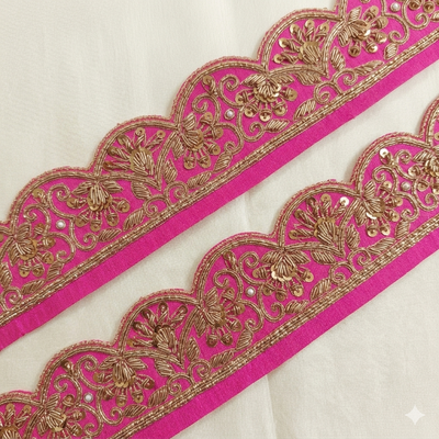 Hot Pink & Red Zardozi Floral Scalloped Embroidered Trim hover image