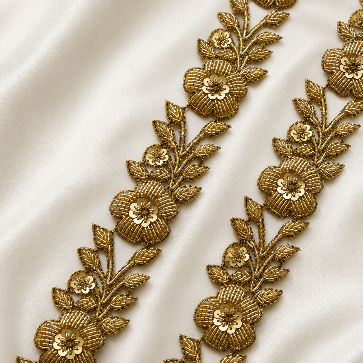 Handcrafted Floral Beaded & Sequin Lace Trim for Bridal Designer Wear