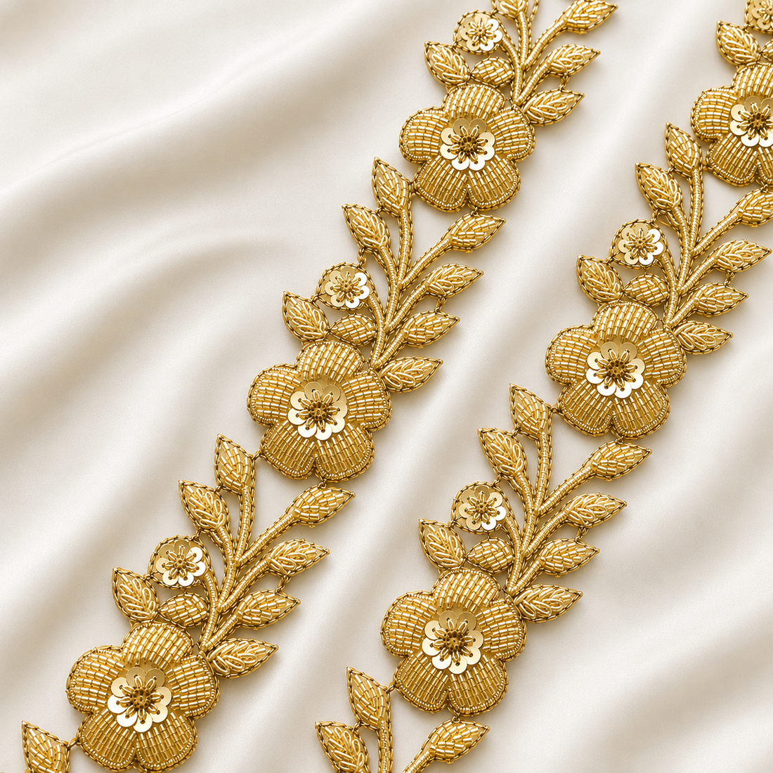 Handcrafted Floral Beaded & Sequin Lace Trim for Bridal Designer Wear