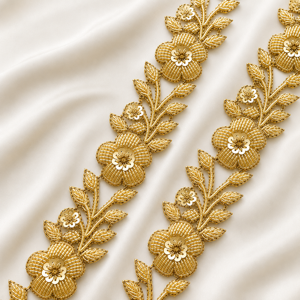 Handcrafted Floral Beaded & Sequin Lace Trim for Bridal Designer Wear