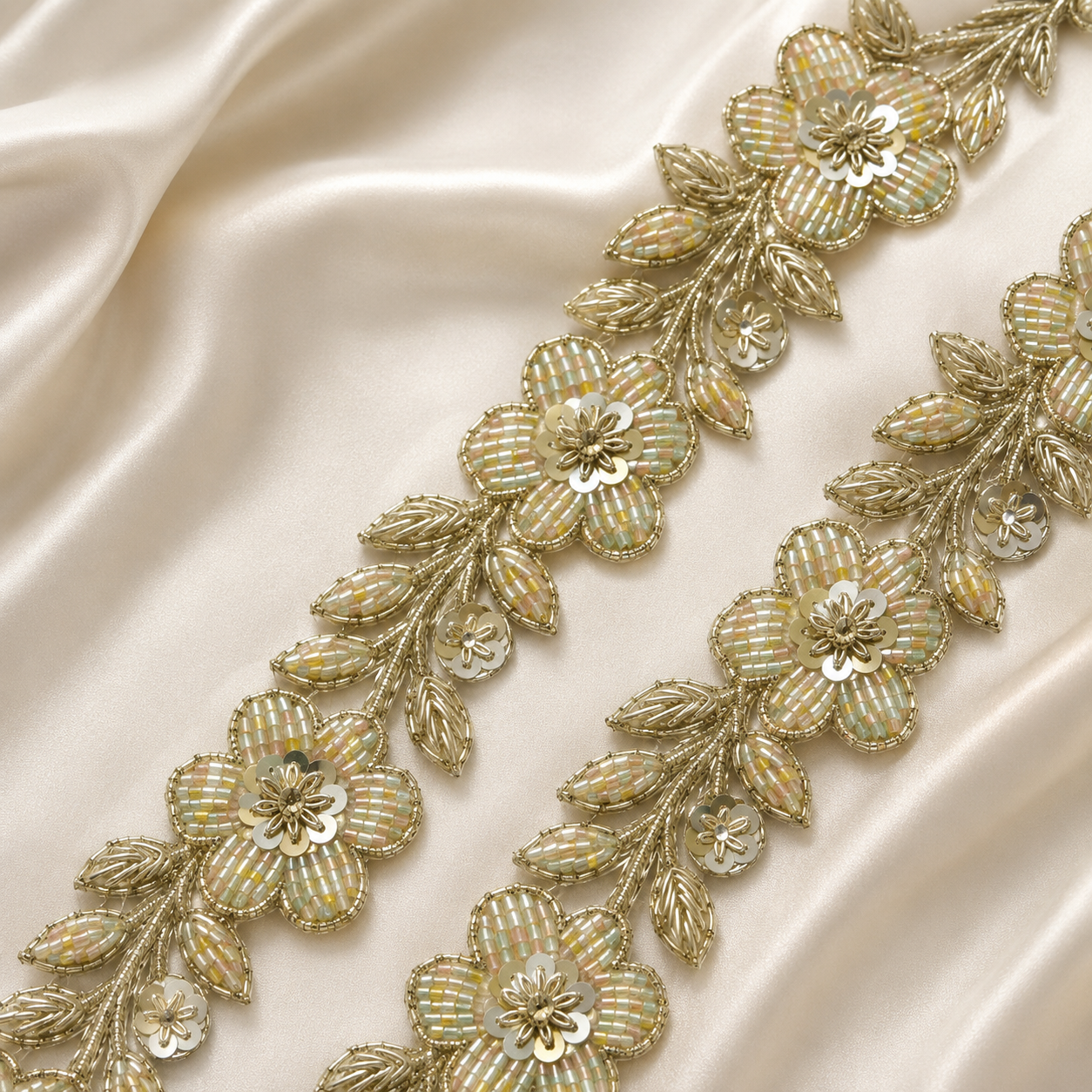 Handcrafted Floral Beaded & Sequin Lace Trim for Bridal Designer Wear