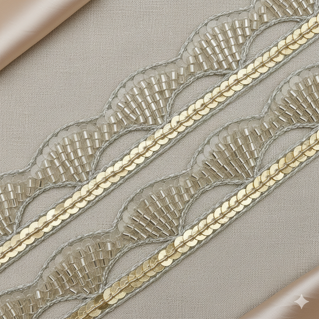 Scalloped Sequin Beaded Lace Trim – Handcrafted Designer Border