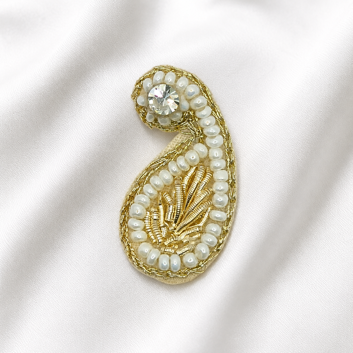 Keri-Shaped Zardozi Patch with White Pearls