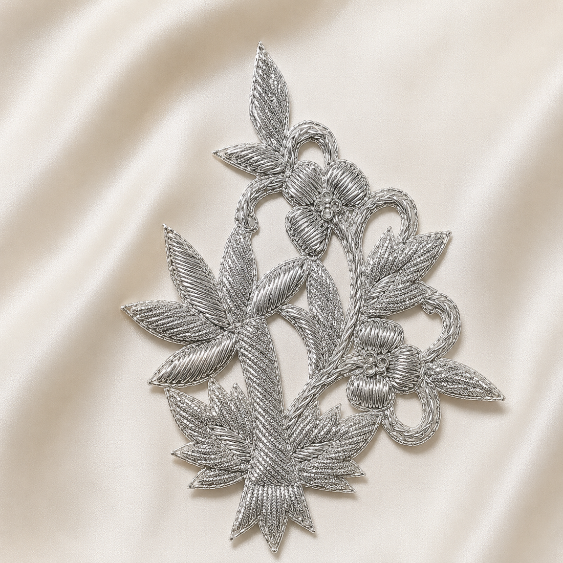 Handcrafted Botanical Floral Embroidered Patch with Raised Threadwork