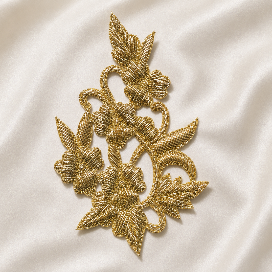 Handcrafted Floral Vine Embroidered Patch with Raised Cord Work