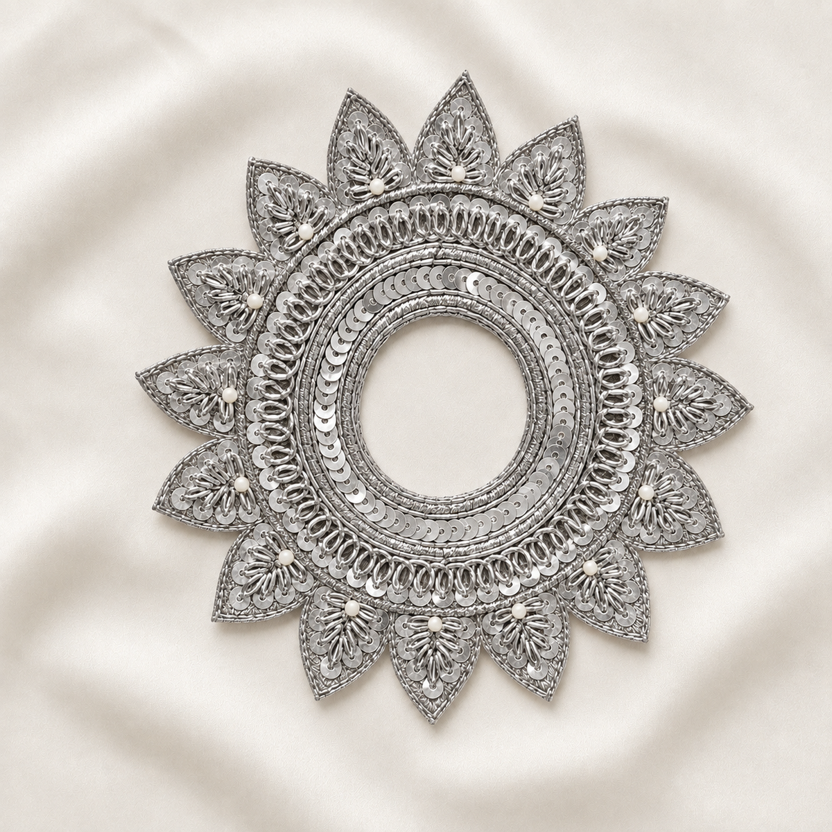 Circular Floral Sequin & Pearl Embellished Ring Patch for Bridal & Designer Wear