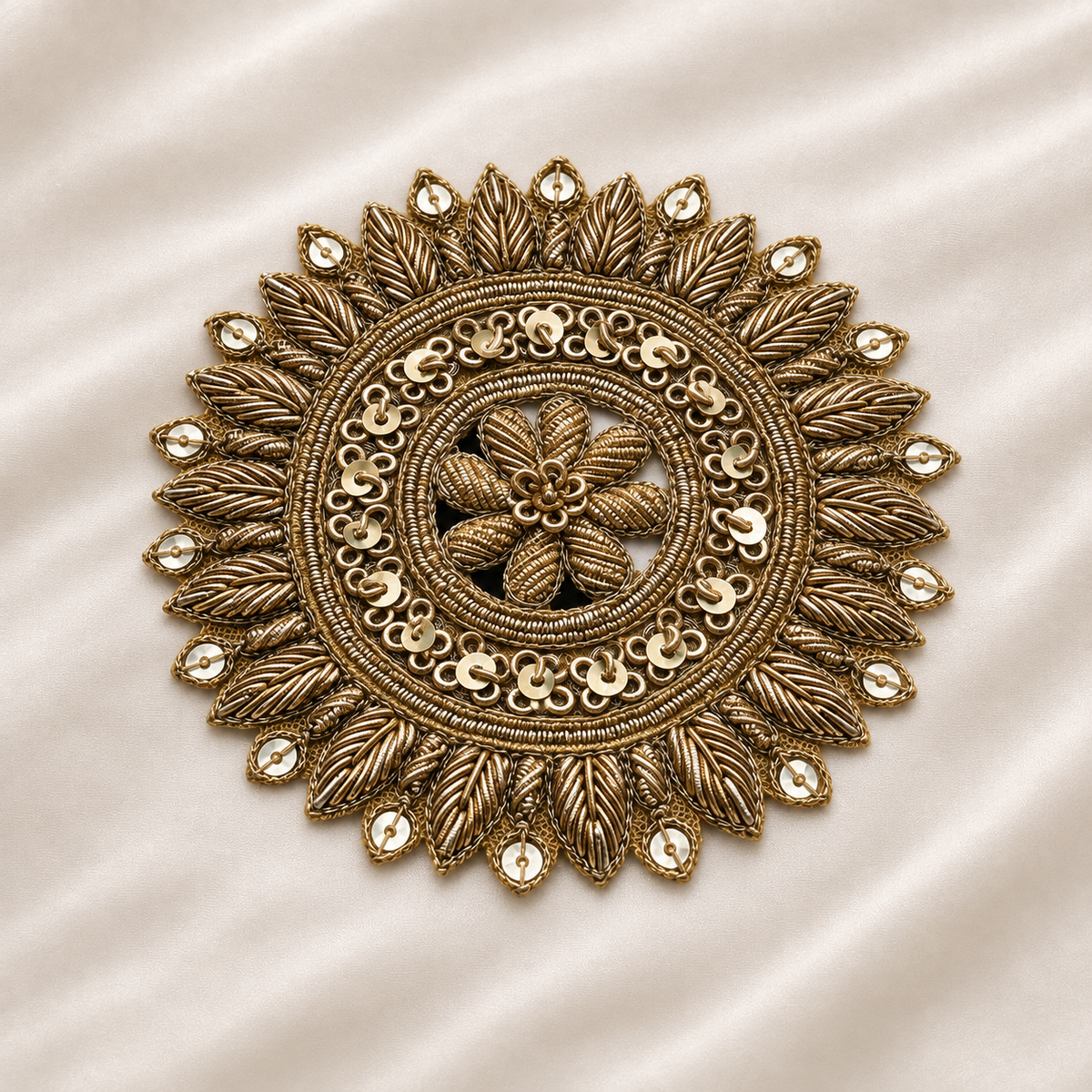 Circular Floral Metallic Handwork Appliqué Patch with Sequin Detailing