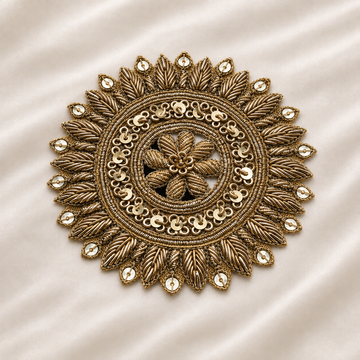 Circular Floral Metallic Handwork Appliqué Patch with Sequin Detailing