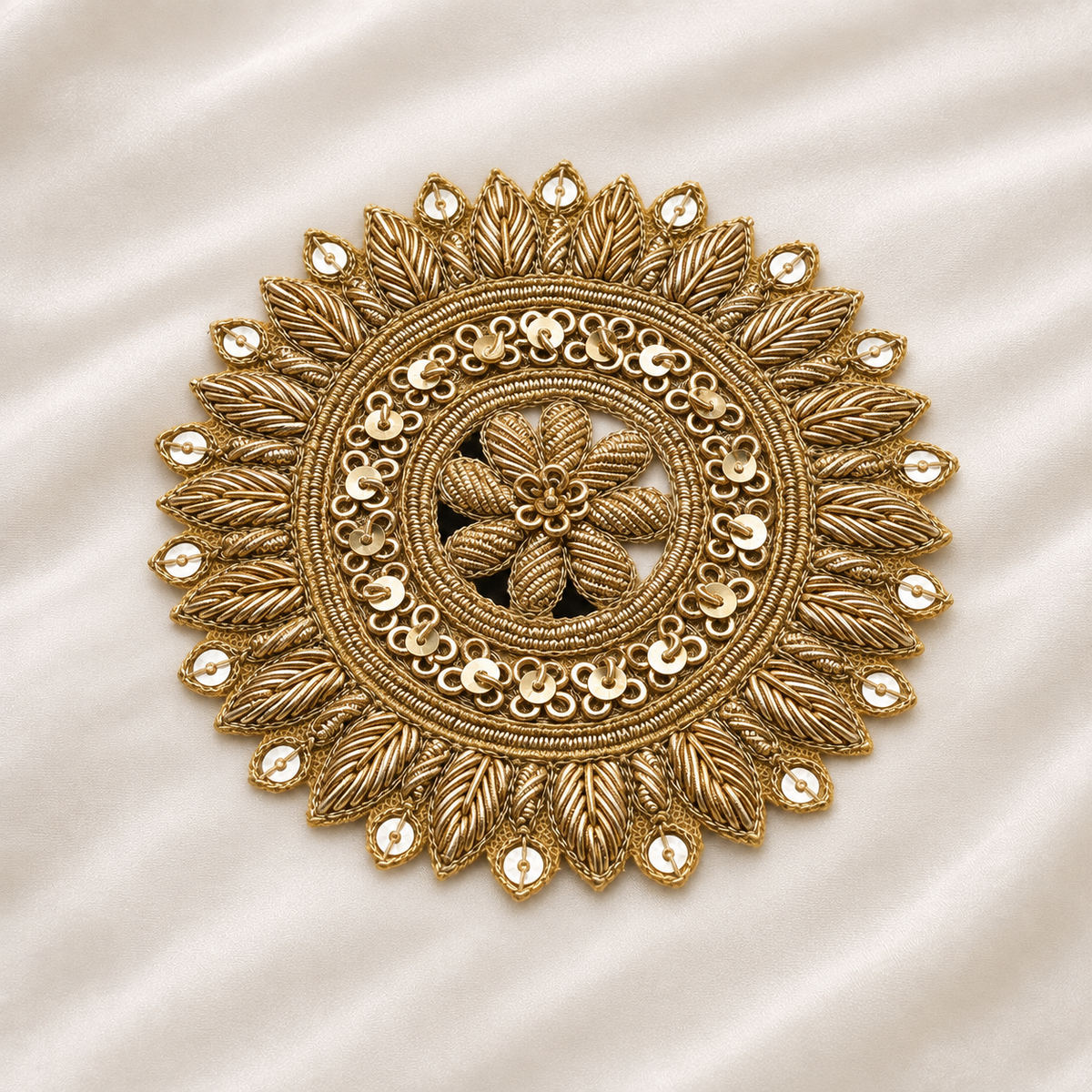 Circular Floral Metallic Handwork Appliqué Patch with Sequin Detailing