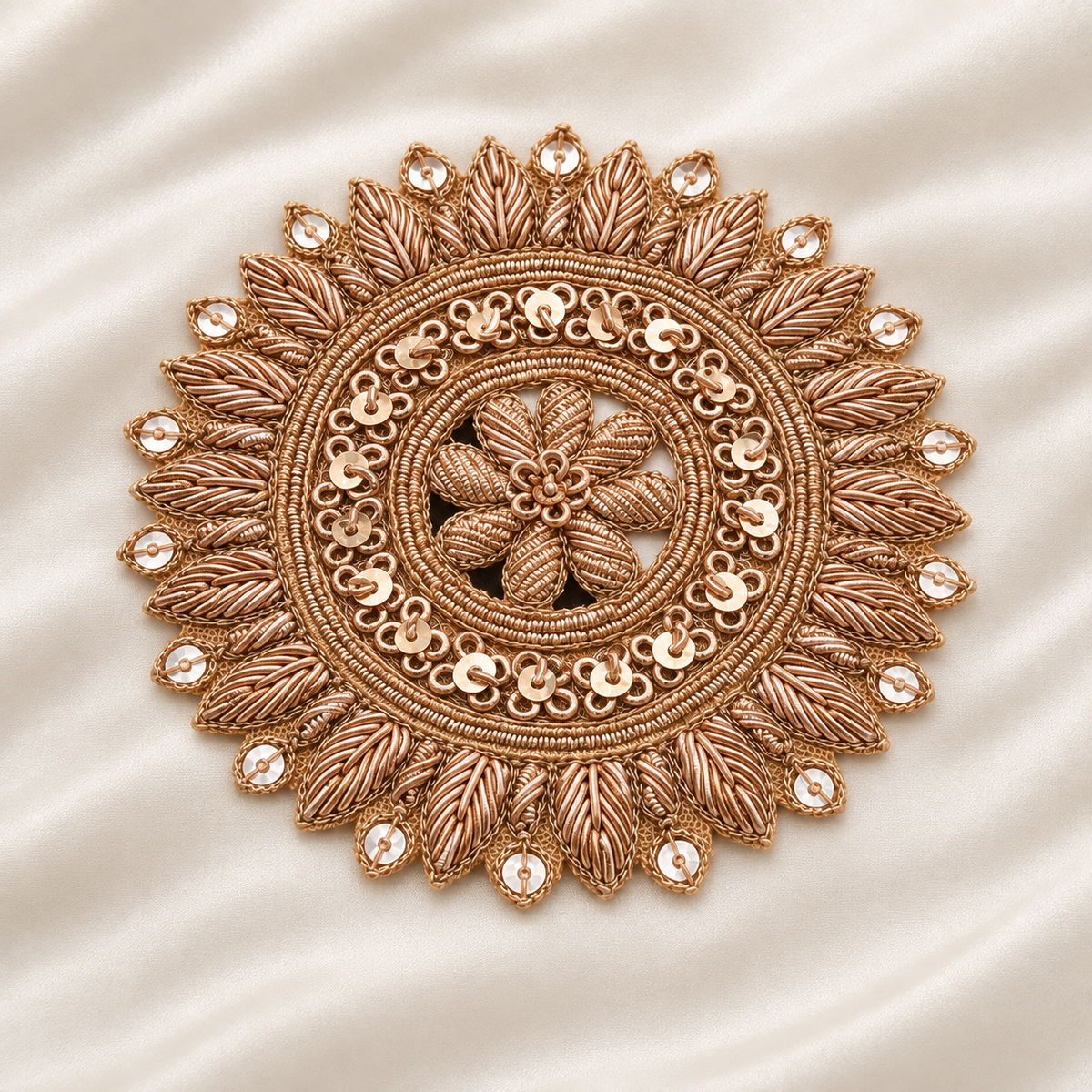 Circular Floral Metallic Handwork Appliqué Patch with Sequin Detailing