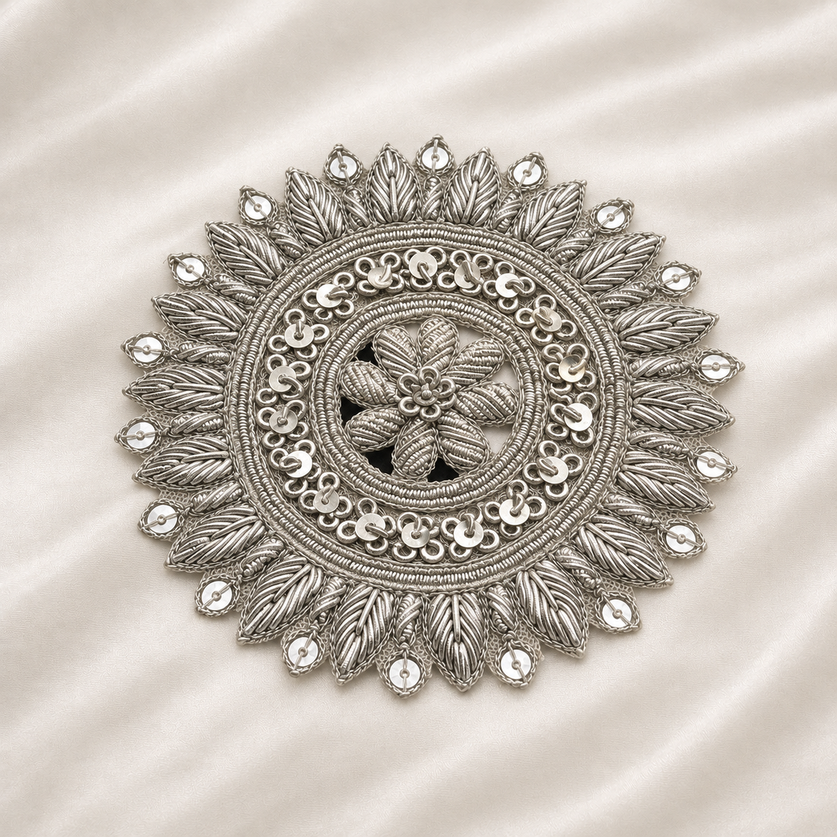 Circular Floral Metallic Handwork Appliqué Patch with Sequin Detailing