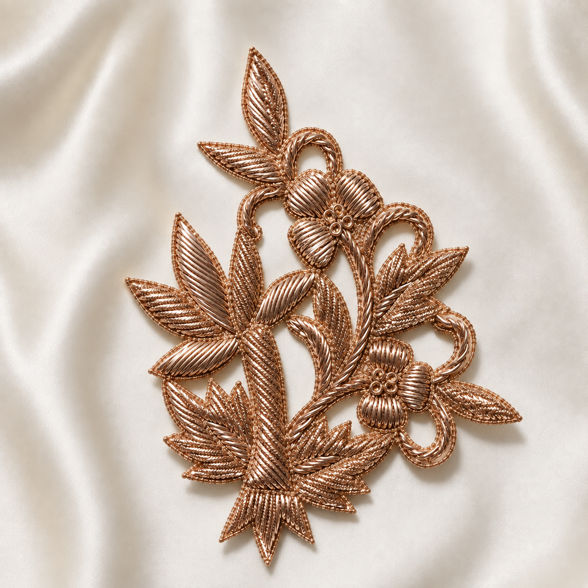 Handcrafted Botanical Floral Embroidered Patch with Raised Threadwork