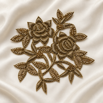 Layered Rose Floral Vine Pearl Beaded Metallic Embroidered Patch