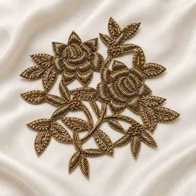Layered Rose Floral Vine Pearl Beaded Metallic Embroidered Patch