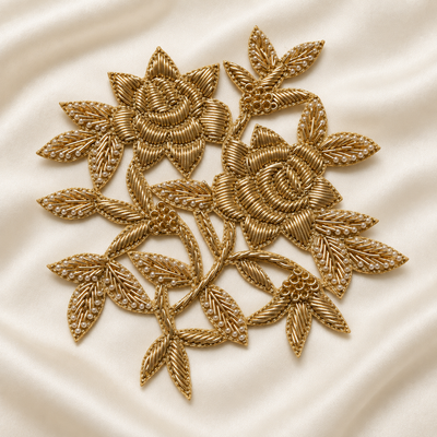 Layered Rose Floral Vine Pearl Beaded Metallic Embroidered Patch hover image