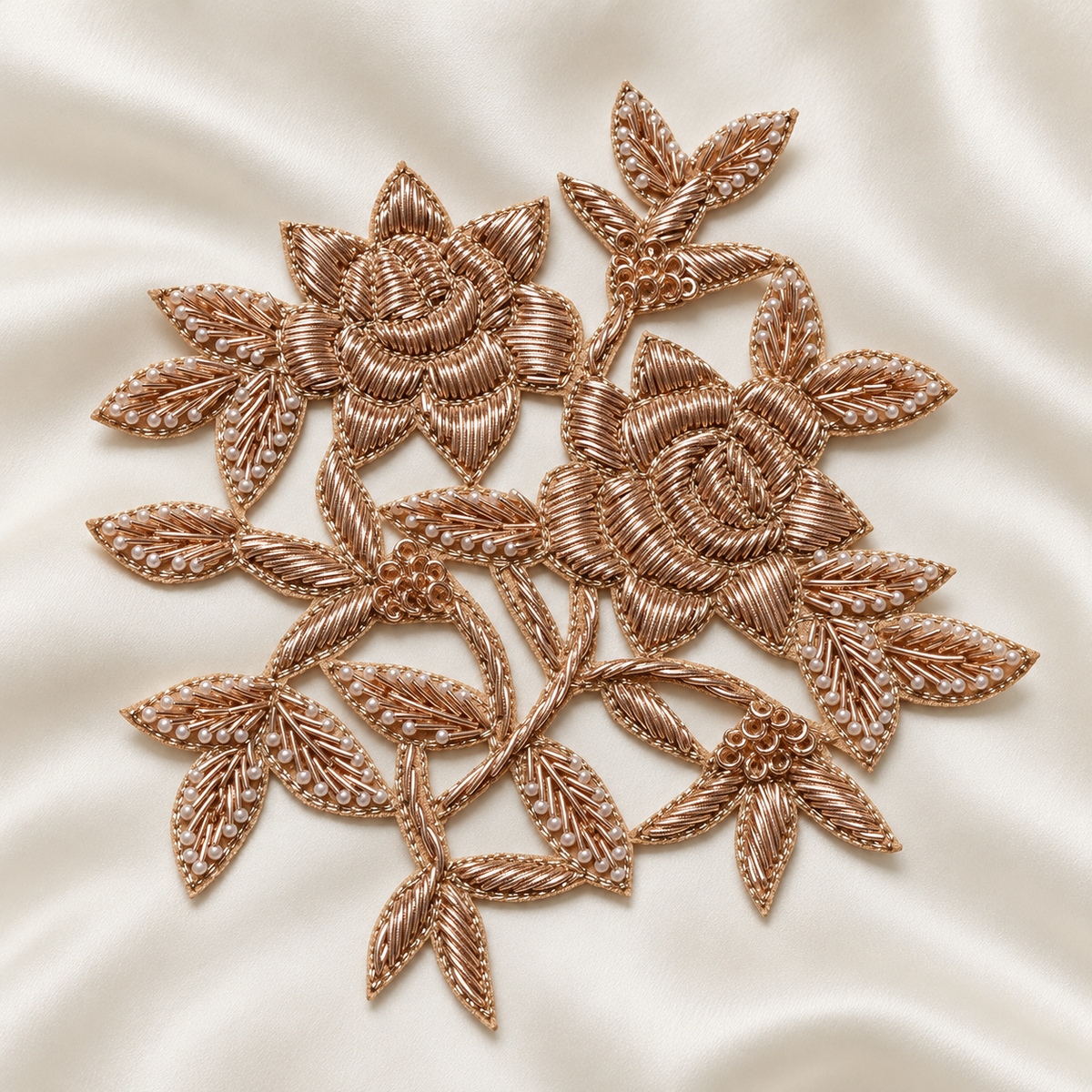 Layered Rose Floral Vine Pearl Beaded Metallic Embroidered Patch