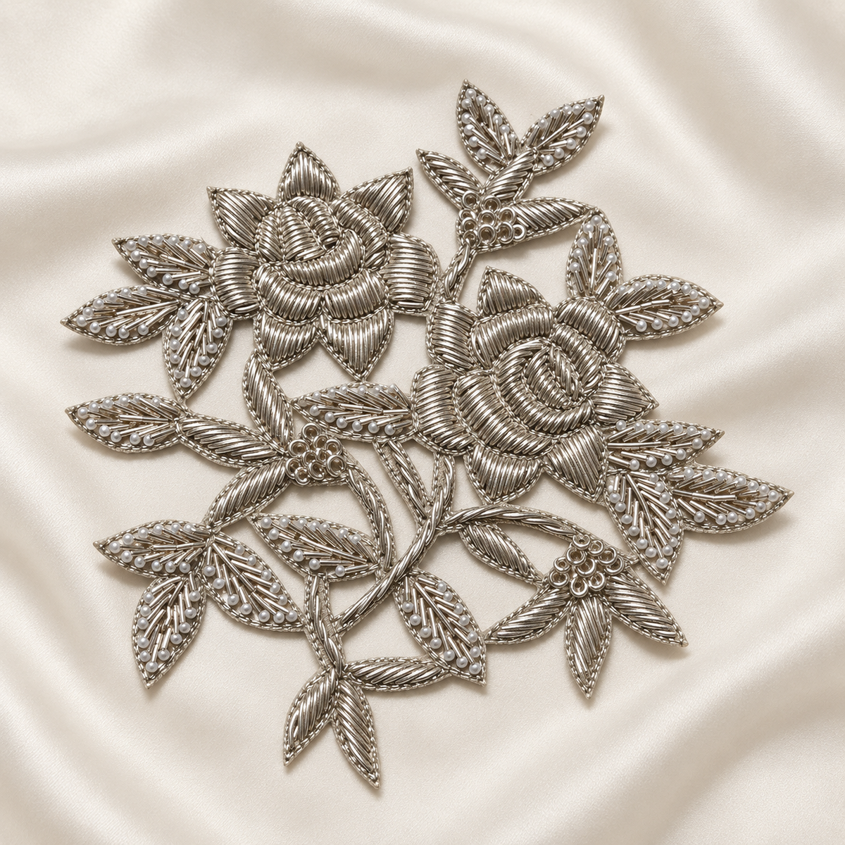 Layered Rose Floral Vine Pearl Beaded Metallic Embroidered Patch