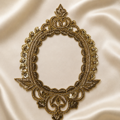 Oval Floral Scrollwork Metallic Sequin Embroidered Frame Patch