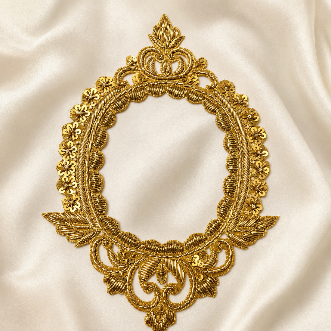 Oval Floral Scrollwork Metallic Sequin Embroidered Frame Patch