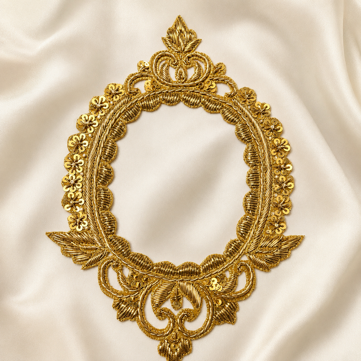 Oval Floral Scrollwork Metallic Sequin Embroidered Frame Patch