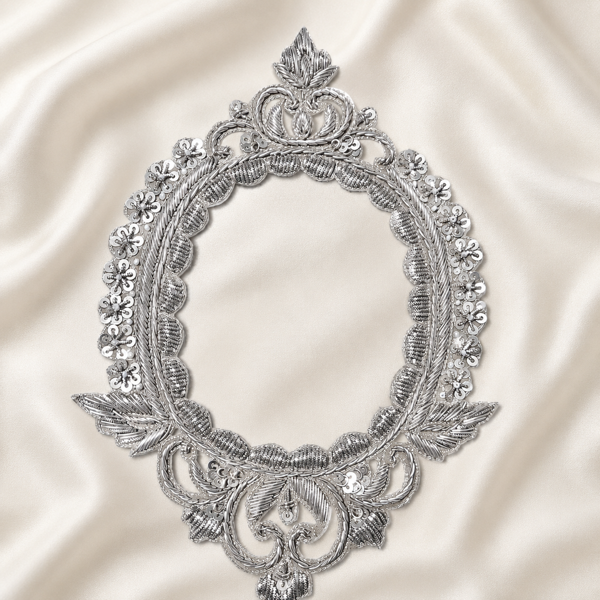 Oval Floral Scrollwork Metallic Sequin Embroidered Frame Patch