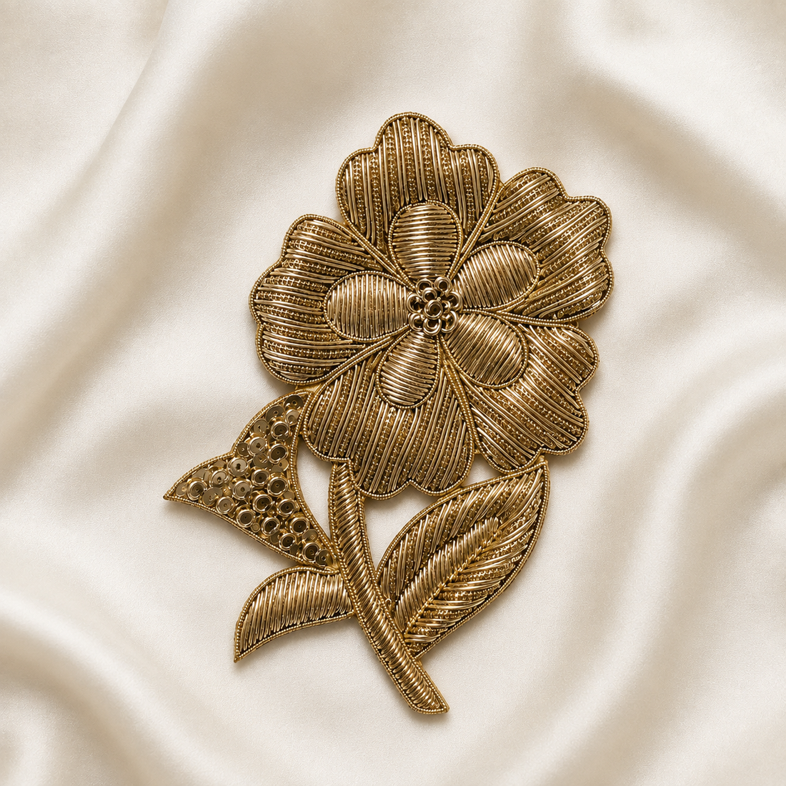 Layered Floral Stem Metallic Ribbon and Sequin Embroidered Patch