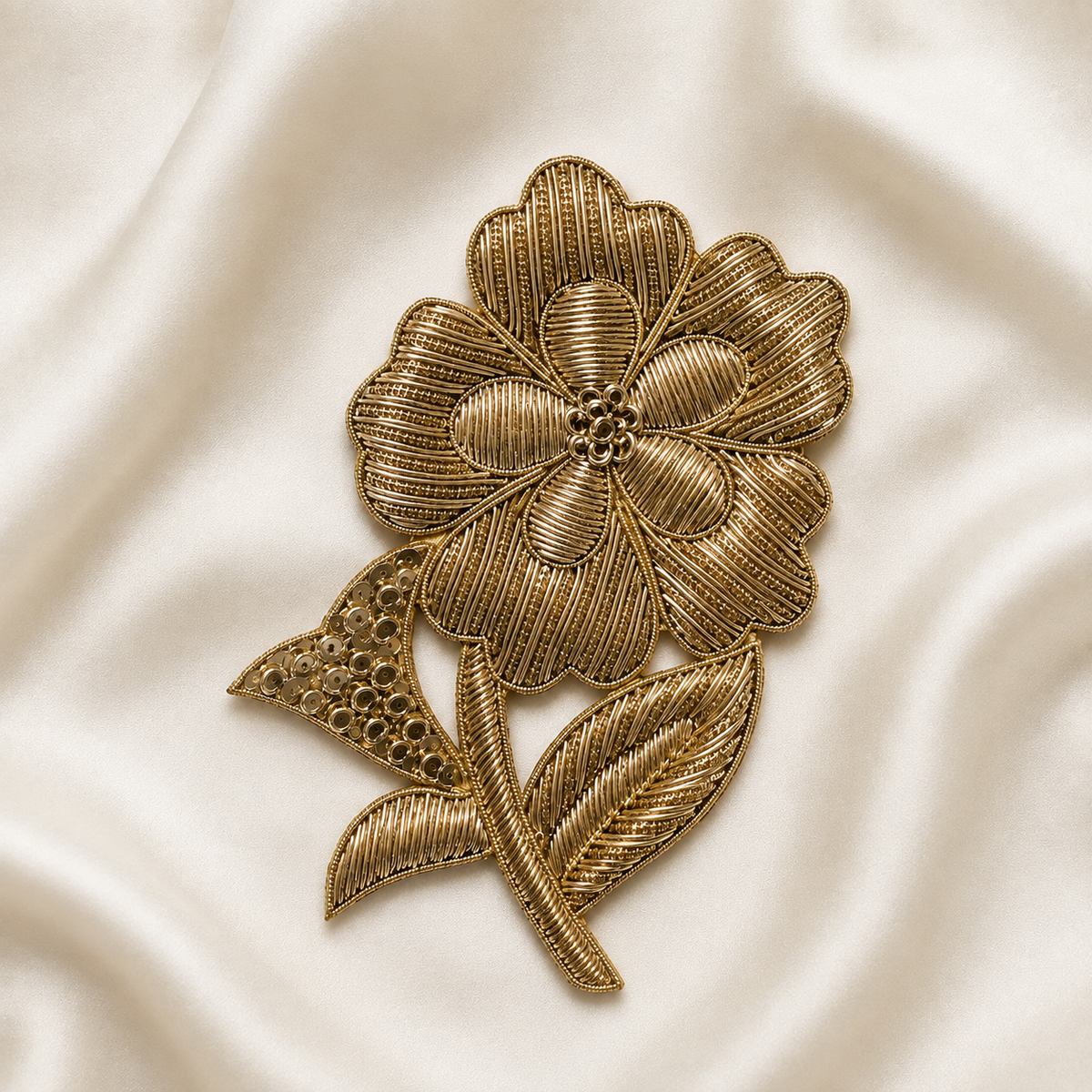 Layered Floral Stem Metallic Ribbon and Sequin Embroidered Patch