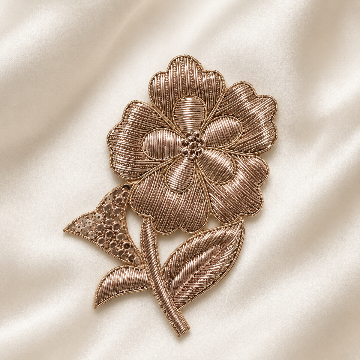 Layered Floral Stem Metallic Ribbon and Sequin Embroidered Patch