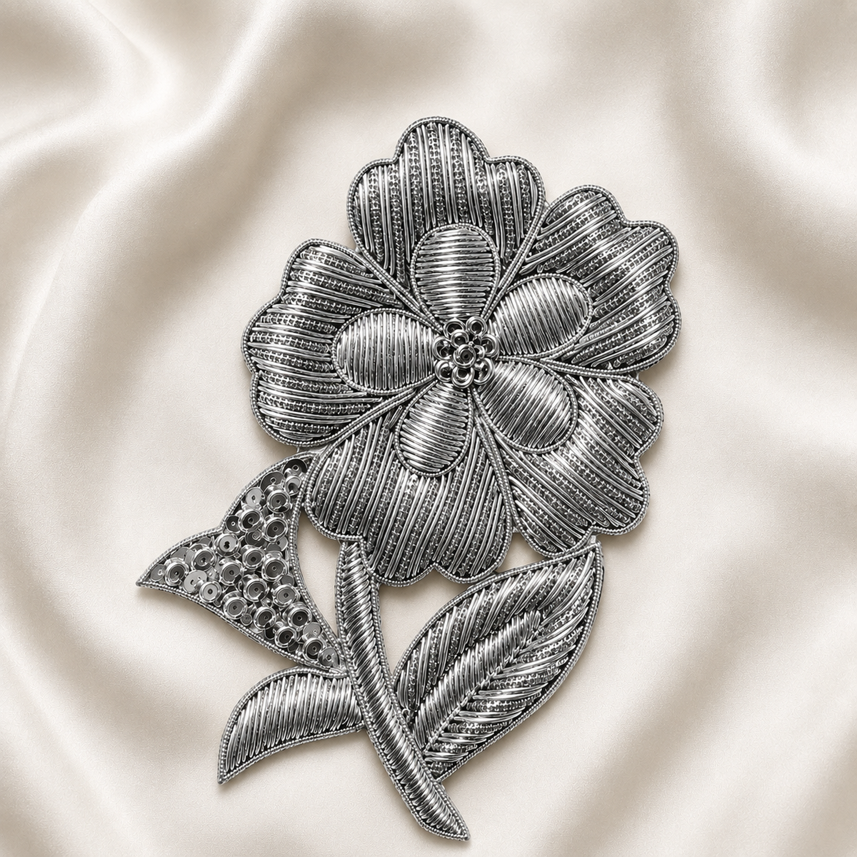 Layered Floral Stem Metallic Ribbon and Sequin Embroidered Patch