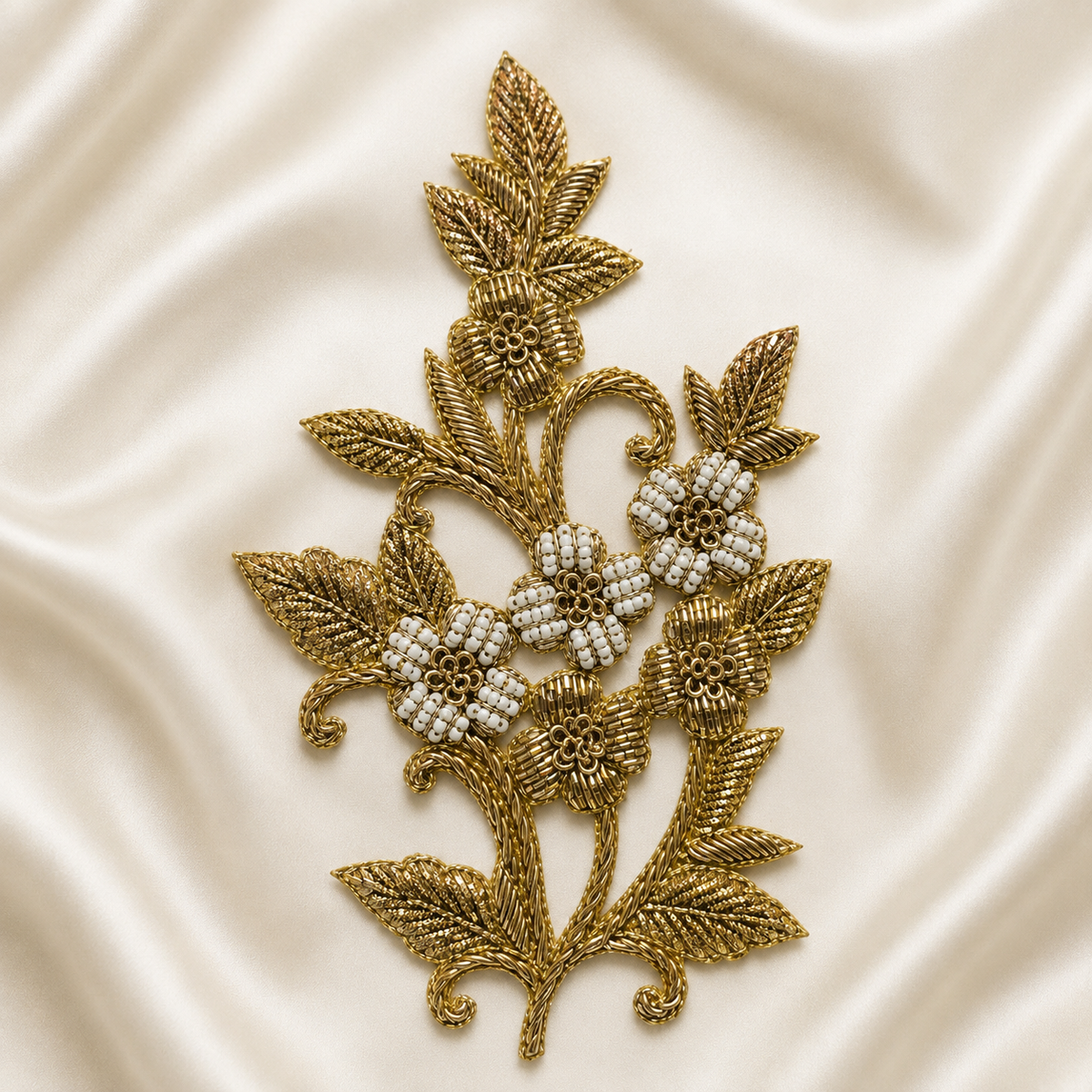 Floral Bugle Bead and Metallic Cord Vine Embroidered Statement Patch