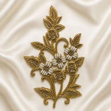 Floral Bugle Bead and Metallic Cord Vine Embroidered Statement Patch